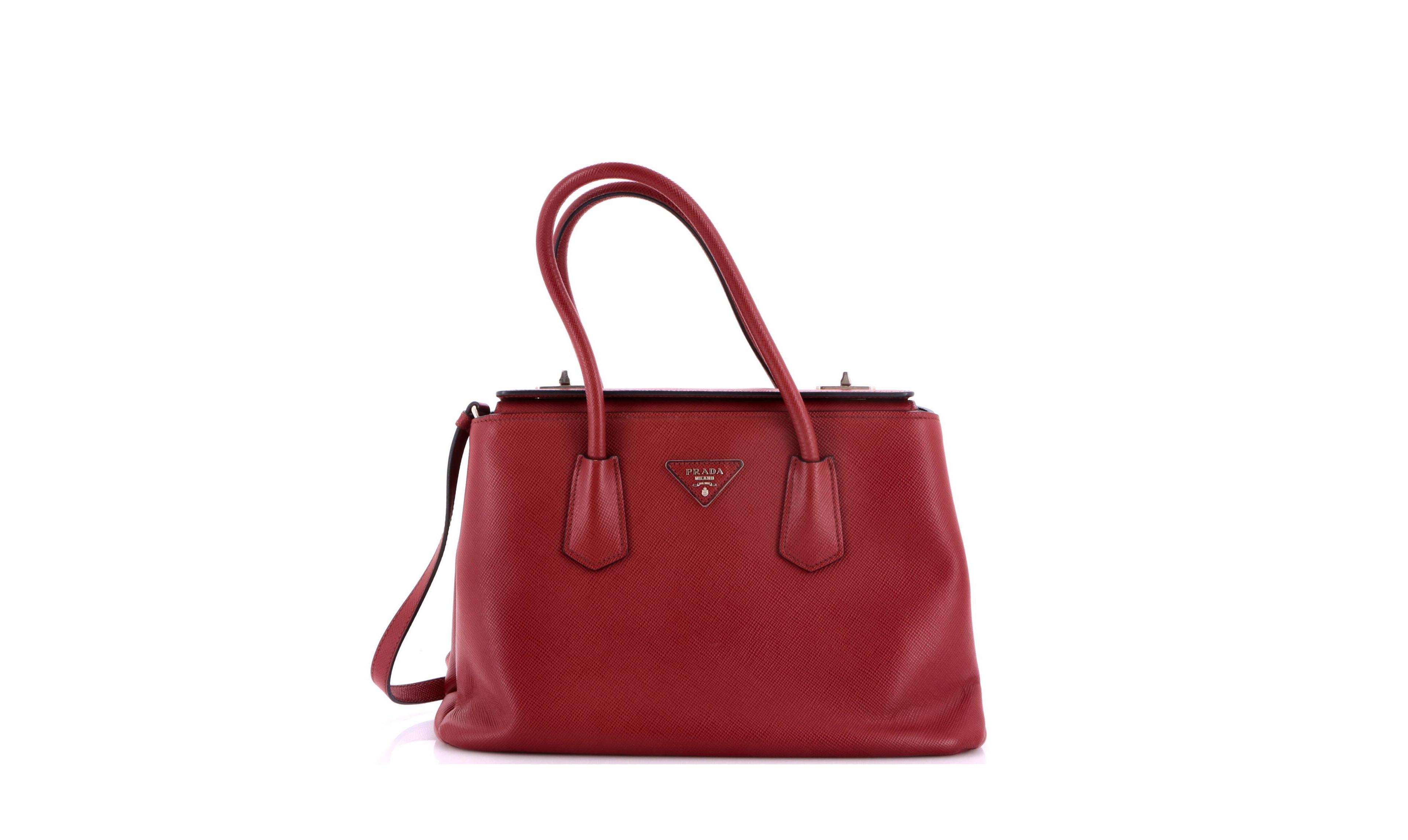 Pre-Owned Prada Small Turnlock Cuir Twin Tote Saffiano Leather
