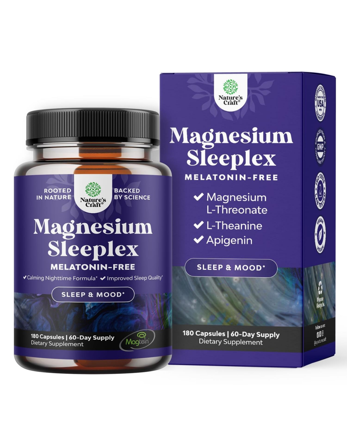Nature's Craft Magnesium L-Threonate with Apigenin, L-Theanine and Lemon Balm, 180 Count