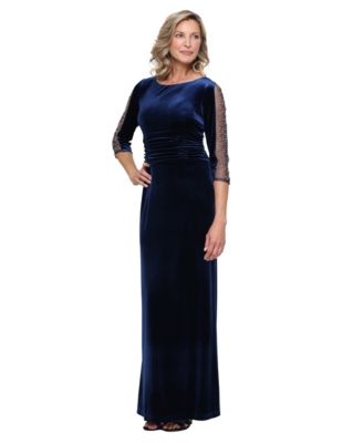 Women's Long Stretch Velvet Beaded Illusion Panel Sleeves Dress