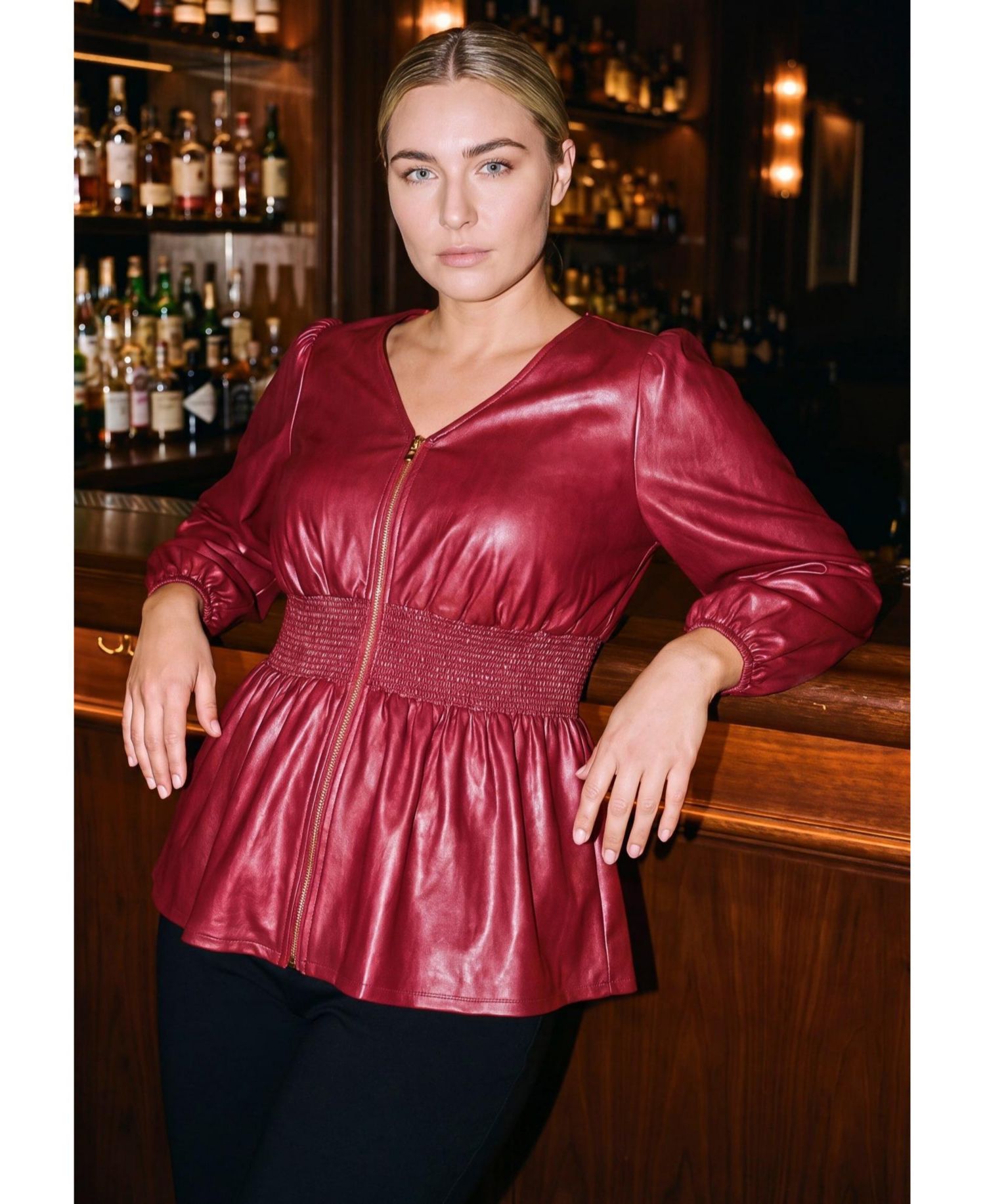 Plus Size Liquid Knit Zip-Front Smocked Waist Top