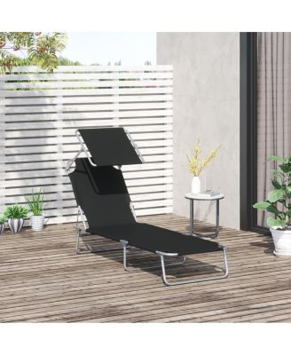 Outdoor Lounge Chair, with Sun Shade and Headrest, Adjustable Folding Chaise Lounge, Holds 300 lb, for Beach, Camping, Hiking, Backyard
