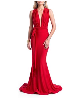 Women's Plunging V-Neck Tie-Waist Mermaid Evening Gown