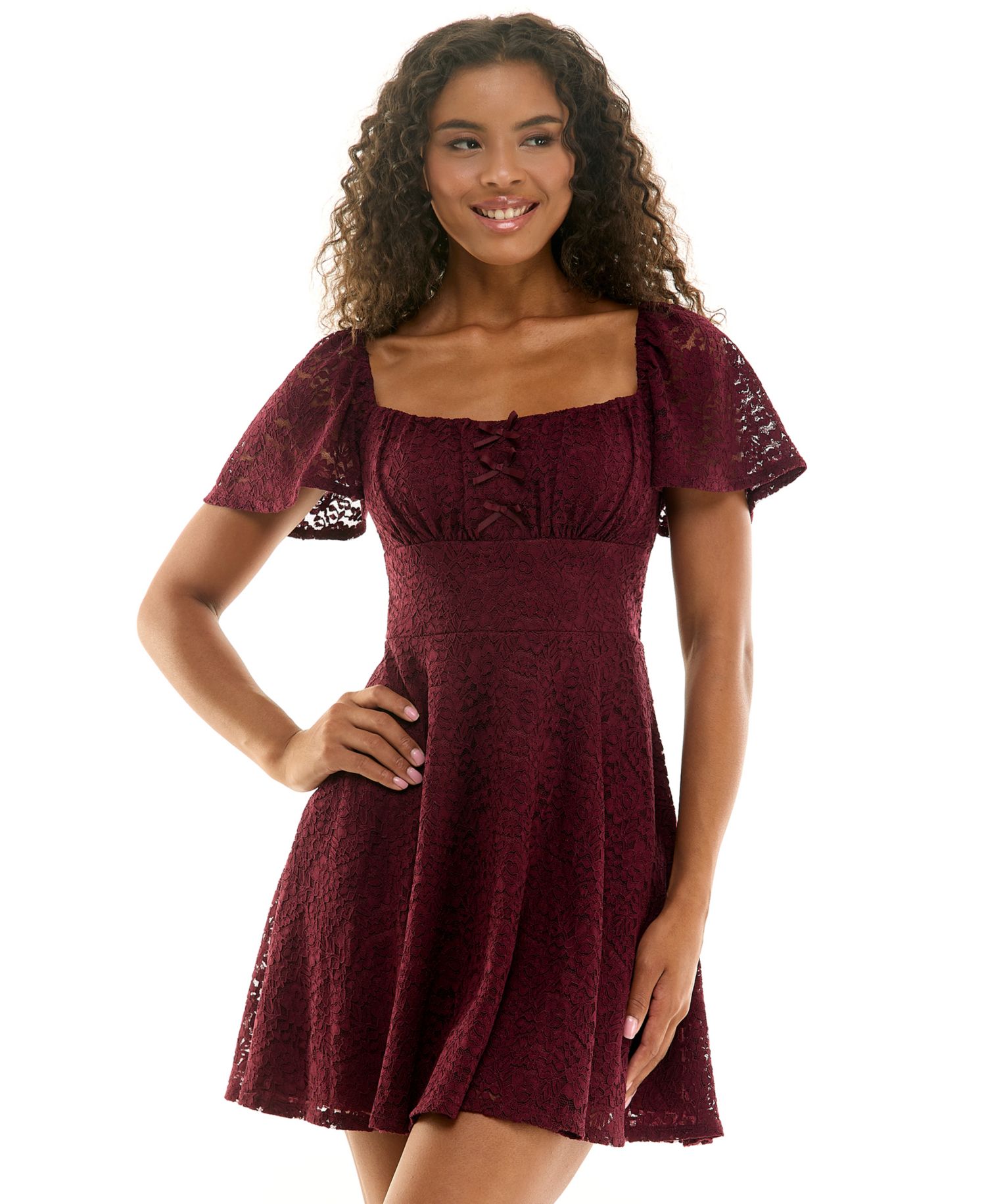 Juniors' Square Neck Lace Bow Detail Fit & Flare Dress
