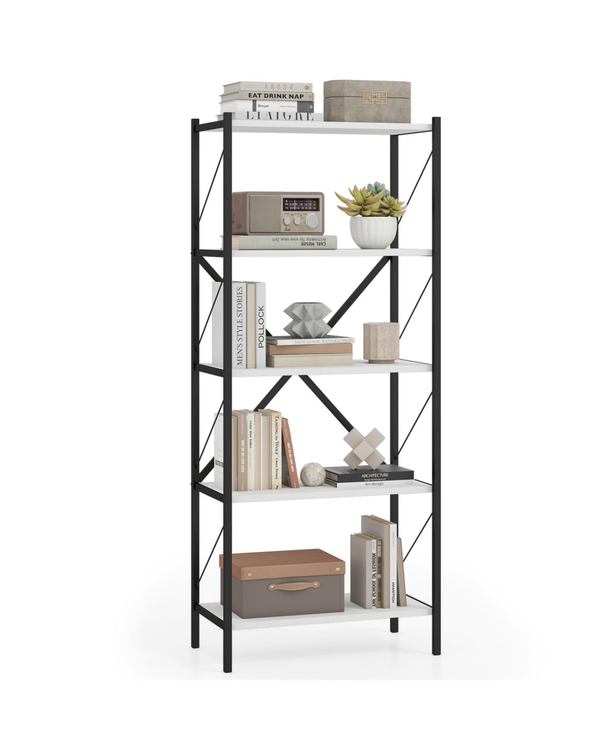 Mecale 5-Tier Tall Bookshelf Industrial Bookcase with Heavy-Duty Metal Frame Modern Storage - White