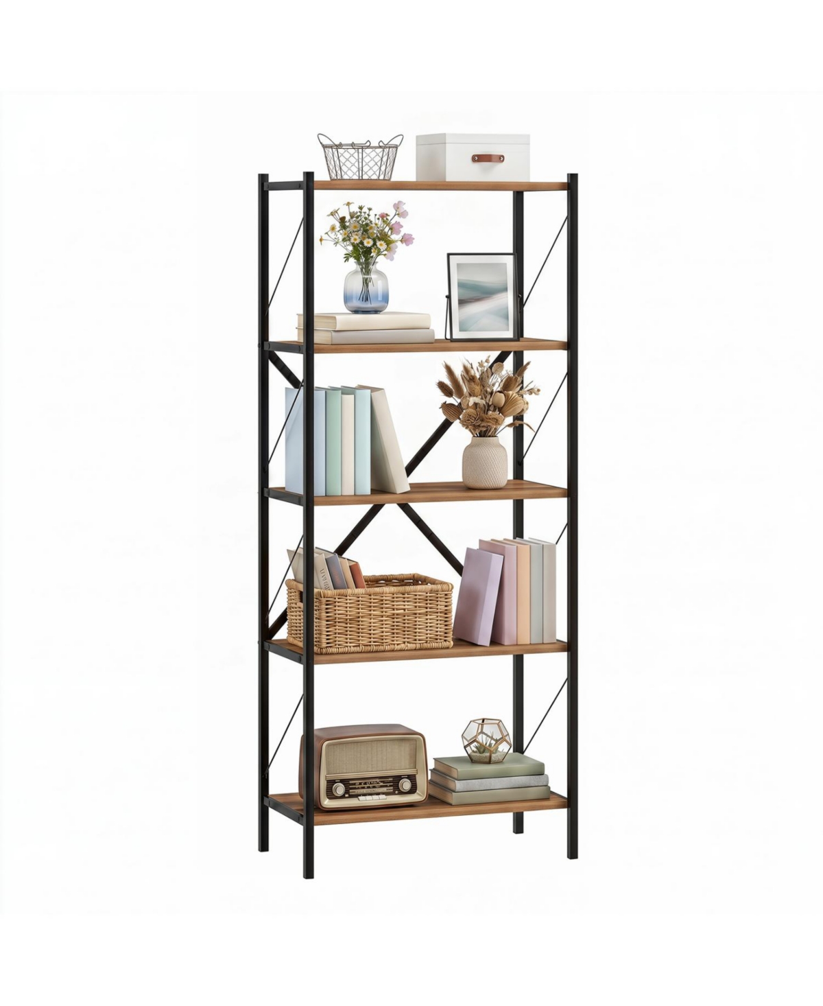 Mecale 5-Tier Tall Bookshelf Industrial Bookcase with Heavy-Duty Metal Frame Modern Storage - Walnut