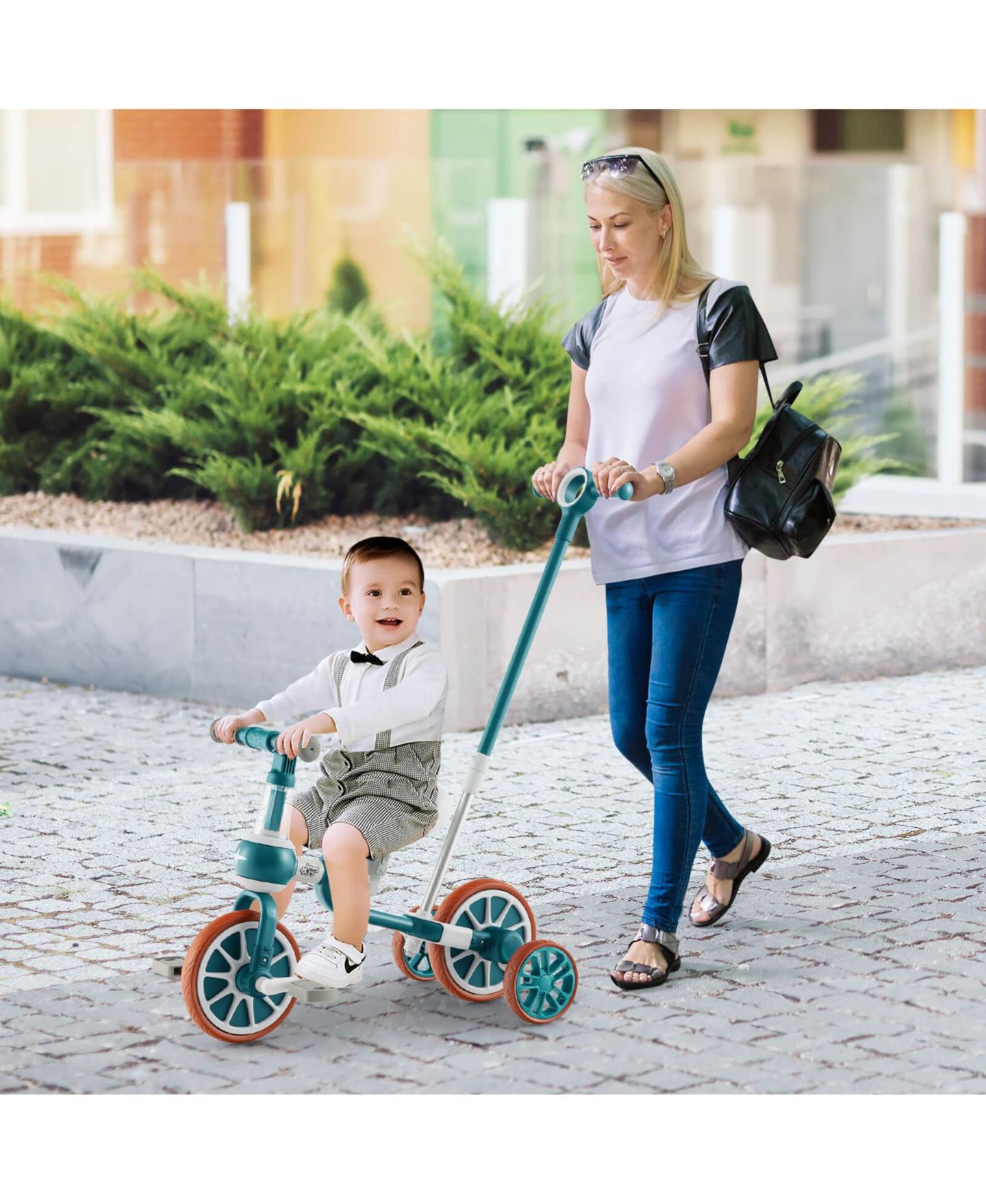 Детская игрушка Costway 4-in-1 Push Handle Training Wheels Kids Tricycle, 66 lbs. Capacity, 2–4 года, цвет: Зелёный — фото 2