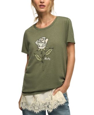 Women's Lace Rose Graphic-Print Lace-Trim T-Shirt