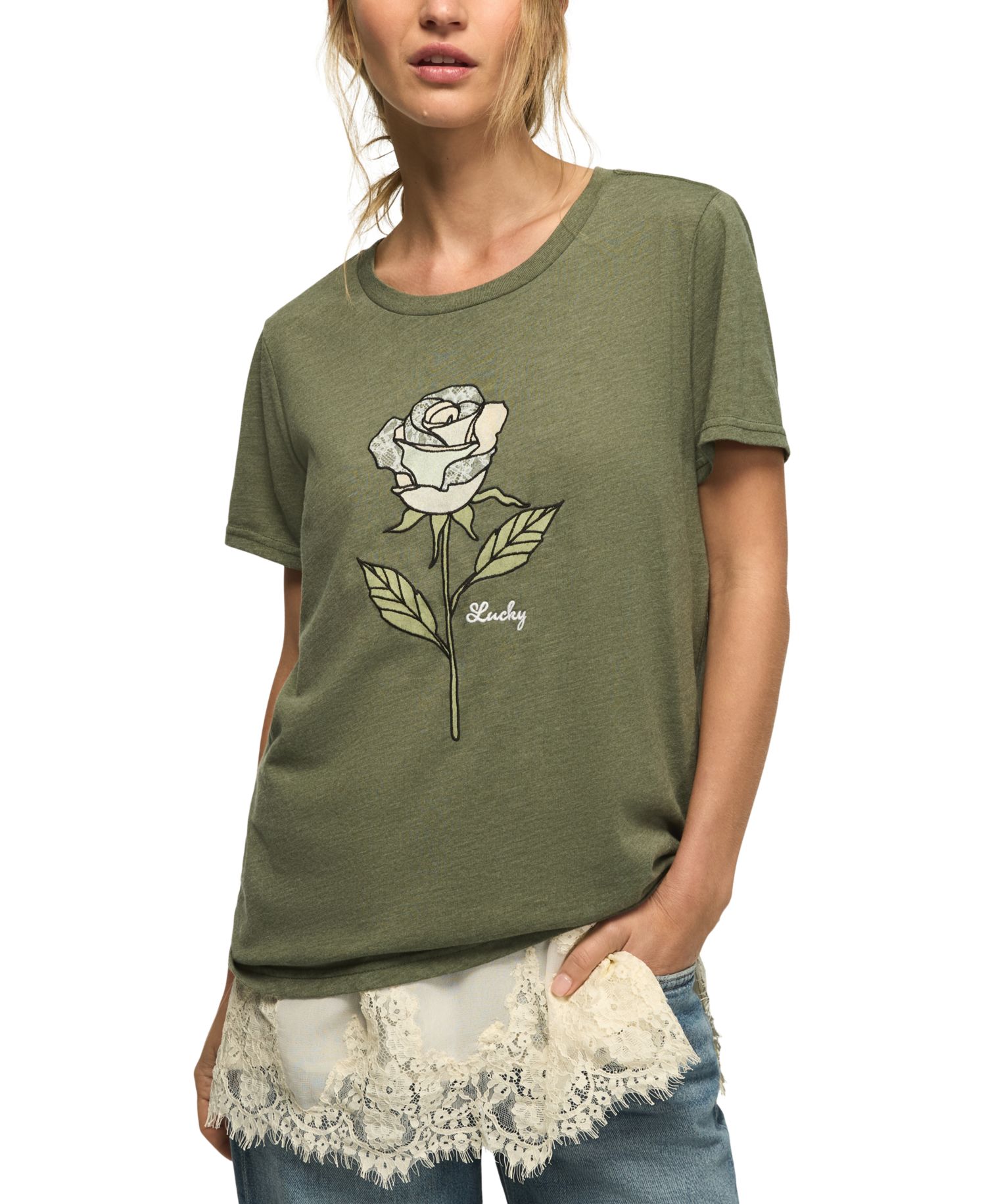 Women's Lace Rose Graphic-Print Lace-Trim T-Shirt