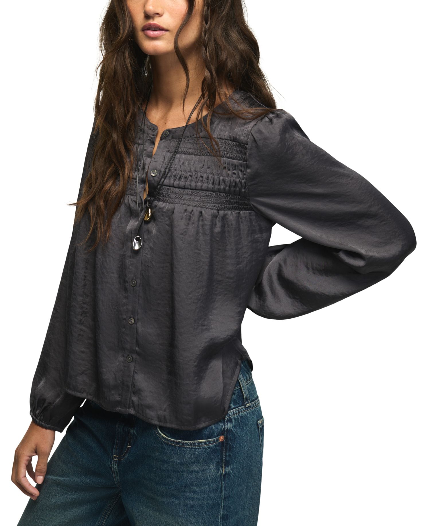 Women's Long-Sleeve Satin Pintuck Blouse