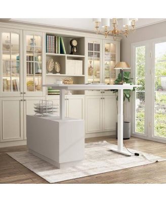 54.3 in. W L-Shaped Writing Desk Adjustable Height Desk Home Office Workstation with Pop-Up Design Cabinet Drawers