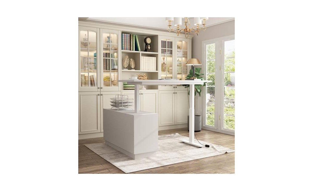 Fufu&Gaga 54.3 in. W L-Shaped Writing Desk Adjustable Height Desk Home Office Workstation with Pop-Up Design Cabinet Drawers - White