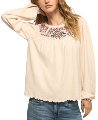 Women's Long-Sleeve Embroidered Yoke Peasant Top