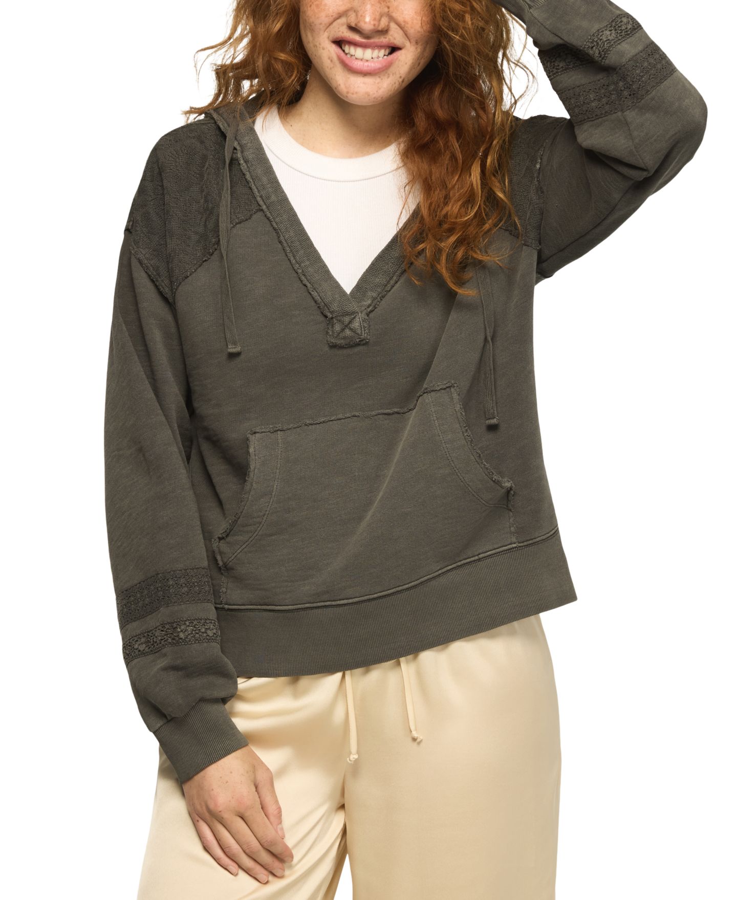 Женское худи Lucky Brand Lace-Trim Fleece, цвет: Raven — фото 1