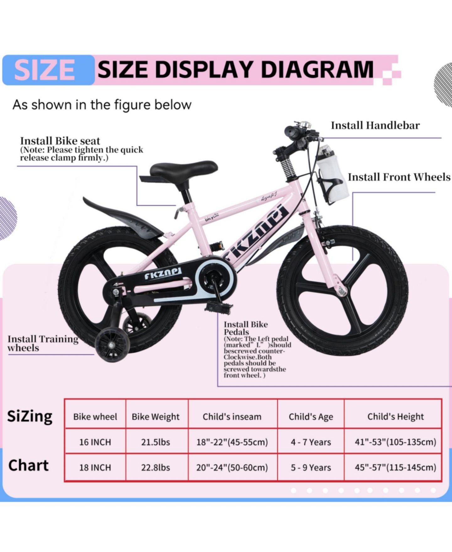 Детская игрушка ECHTPeak 16" Kids' Bike with Training Wheels and Adjustable Seat, 3–9 лет, цвет: Розовый — фото 3