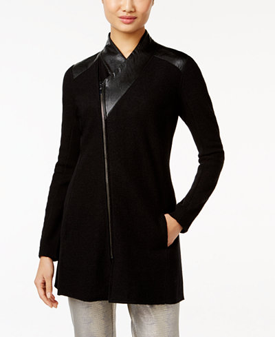Alfani Faux-Leather-Trim Asymmetrical Sweater Coat, Only at Macy's