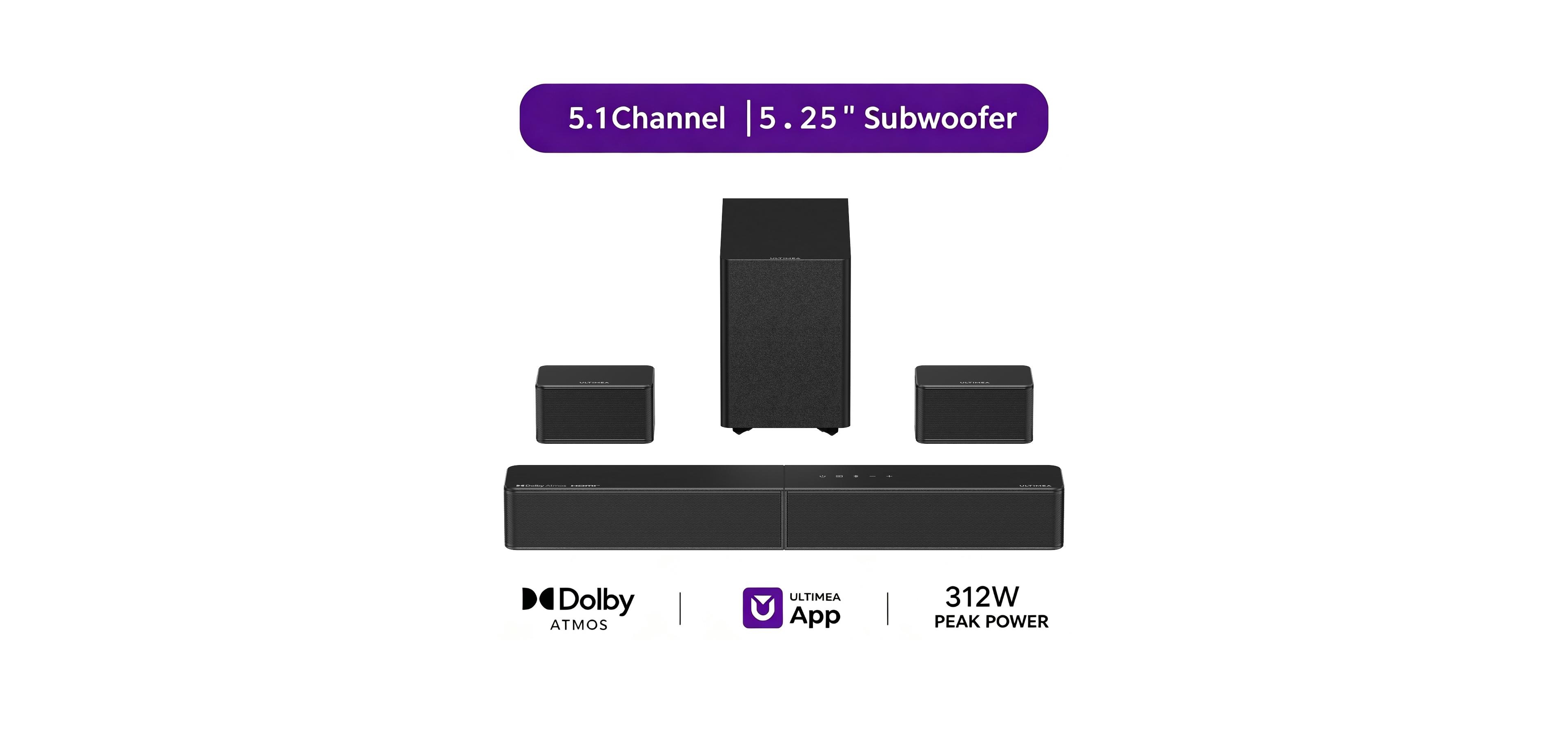 Ultimea Poseidon R5T 5.1-Channel 312W Dolby Atmos Soundbar with Wireless Subwoofer and Rear Surround Speakers