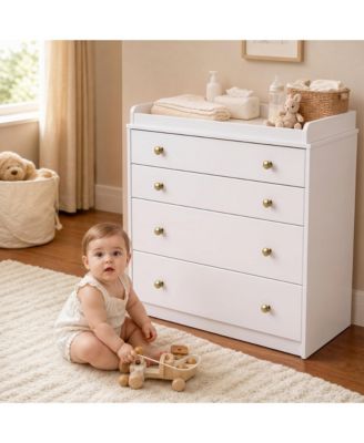 Baby Changing Table with 4 Drawers and Raised Edge Guard, Nursery Diaper Station, Waterproof Wood Chipboard Infant Care Dresser