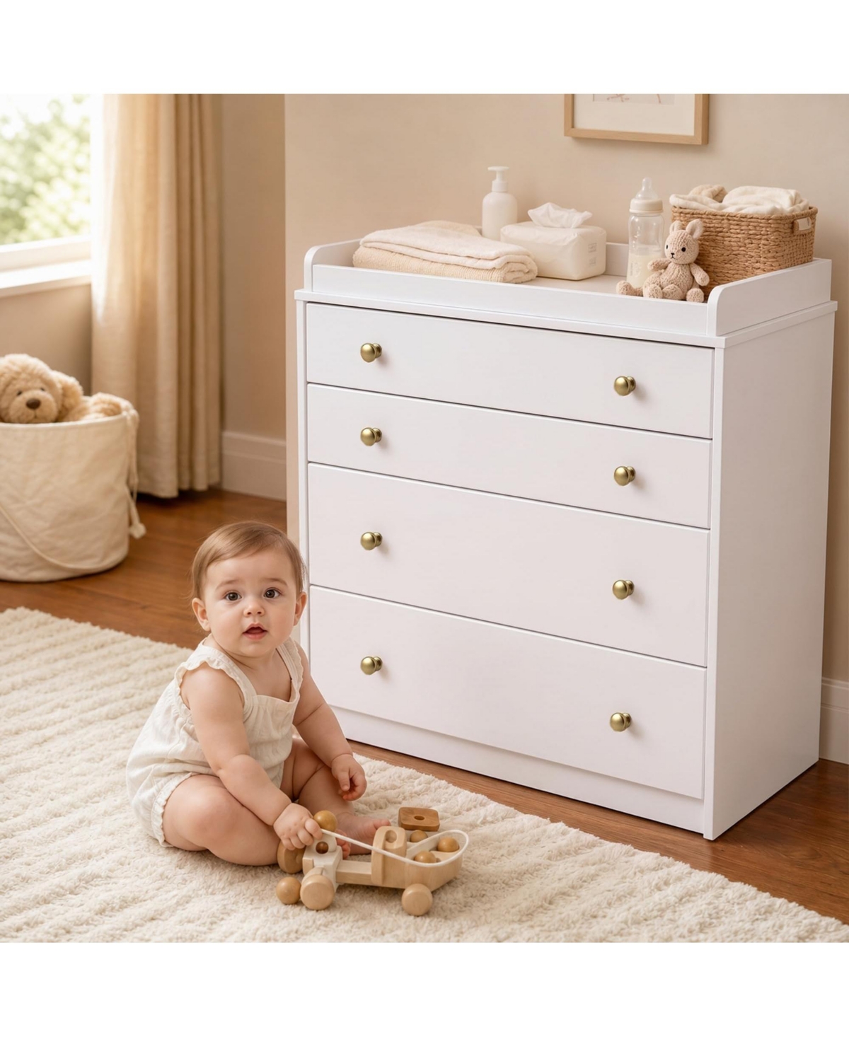 gaomon Baby Changing Table with 4 Drawers and Raised Edge Guard, Nursery Diaper Station, Waterproof Wood Chipboard Infant Care Dresser - White