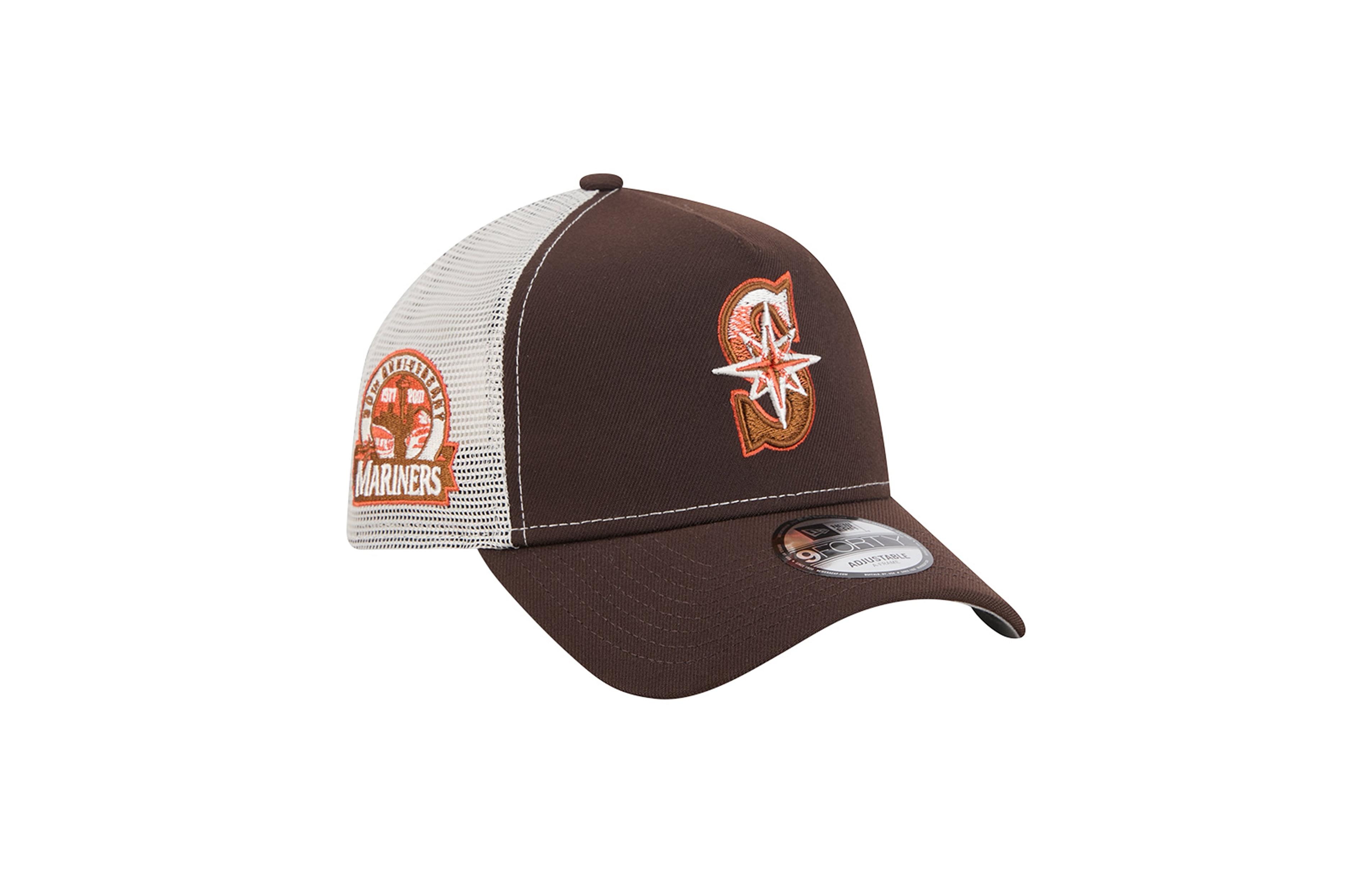 New Era Men's Brown Seattle Mariners Pumpkin Spice A-Frame 9FORTY Adjustable Trucker Hat