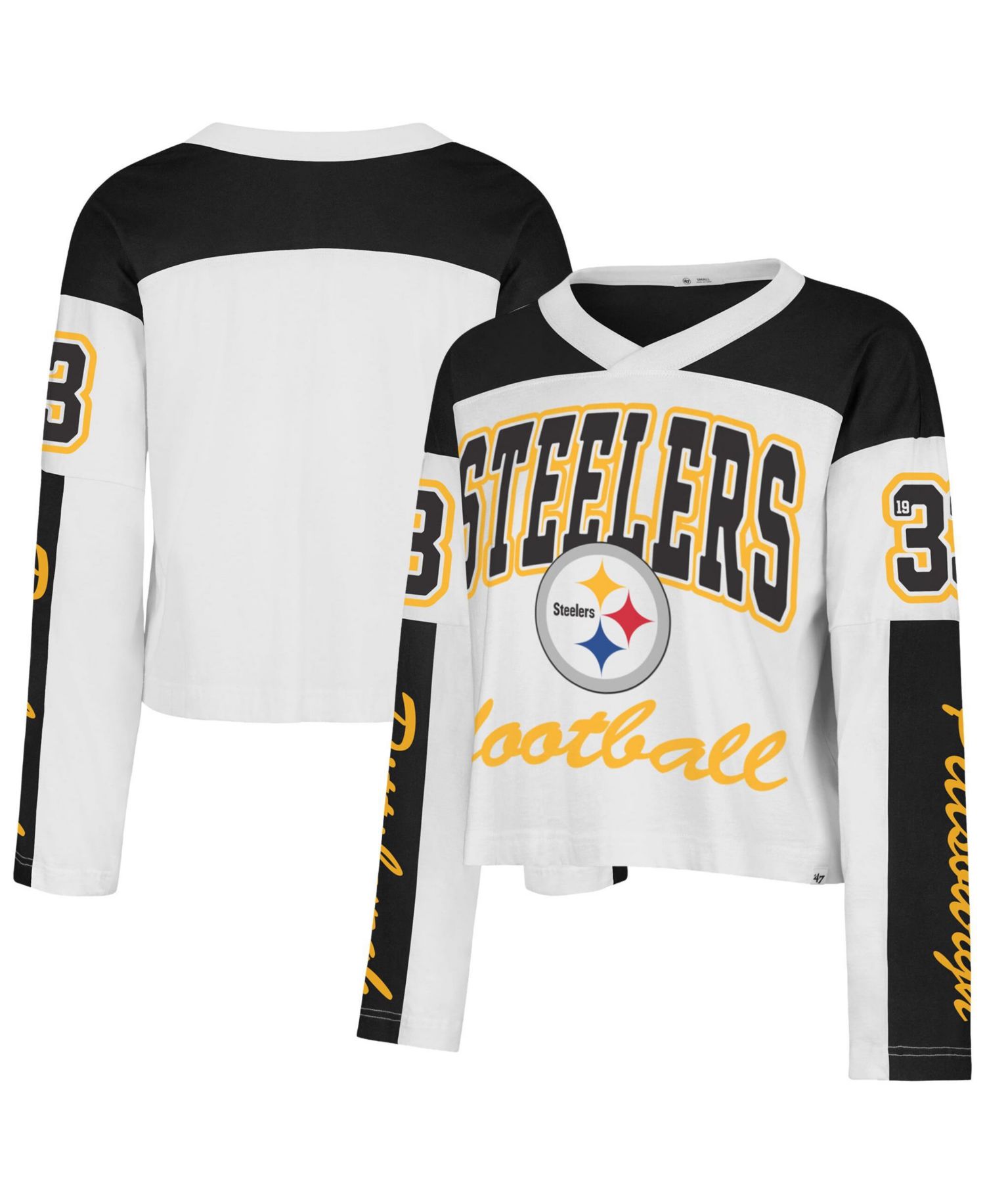 Women's '47 White Pittsburgh Steelers Exclamation Metro V-Neck Long Sleeve Jersey T-Shirt