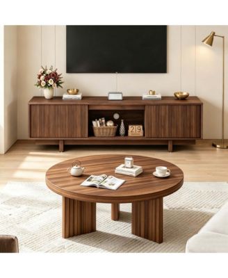 Round Coffee Table and TV Stand Set Fluted-Leg Center Table with Sliding Media Console Fits 55"-63" TVs for Living Room Bedroom