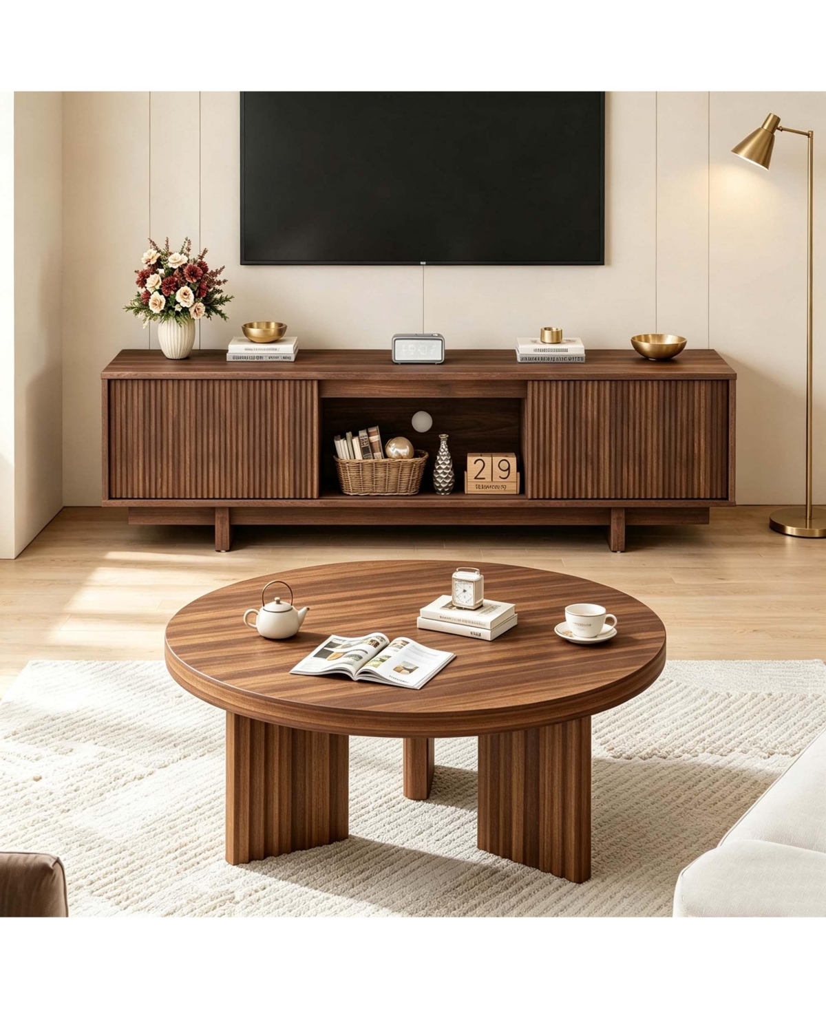 homfan Round Coffee Table and Tv Stand Set Fluted-Leg Center Table with Sliding Media Console Fits 55"-63" TVs for Living Room Bedroom