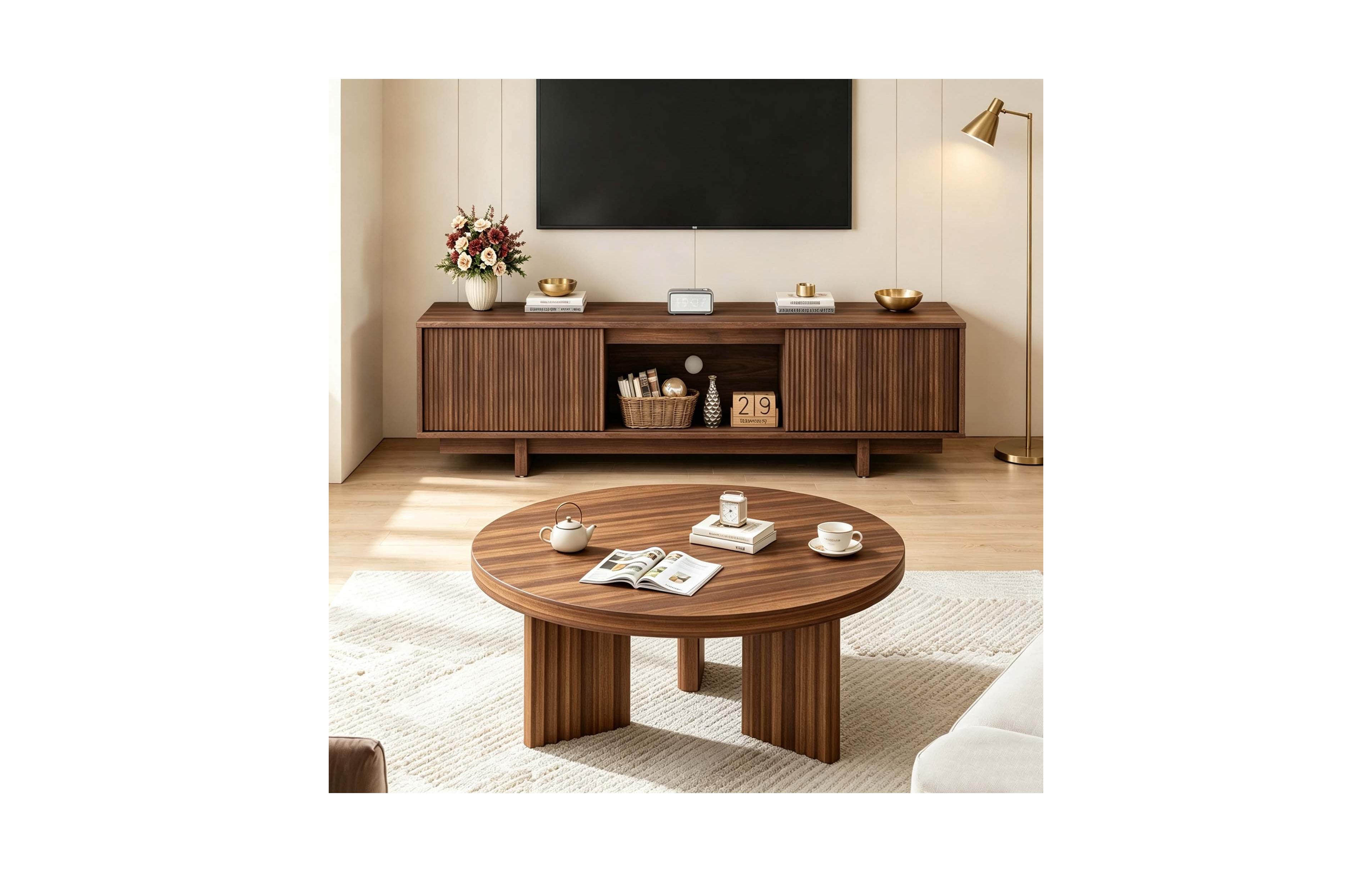 homfan Round Coffee Table and Tv Stand Set Fluted-Leg Center Table with Sliding Media Console Fits 55"-63" TVs for Living Room Bedroom