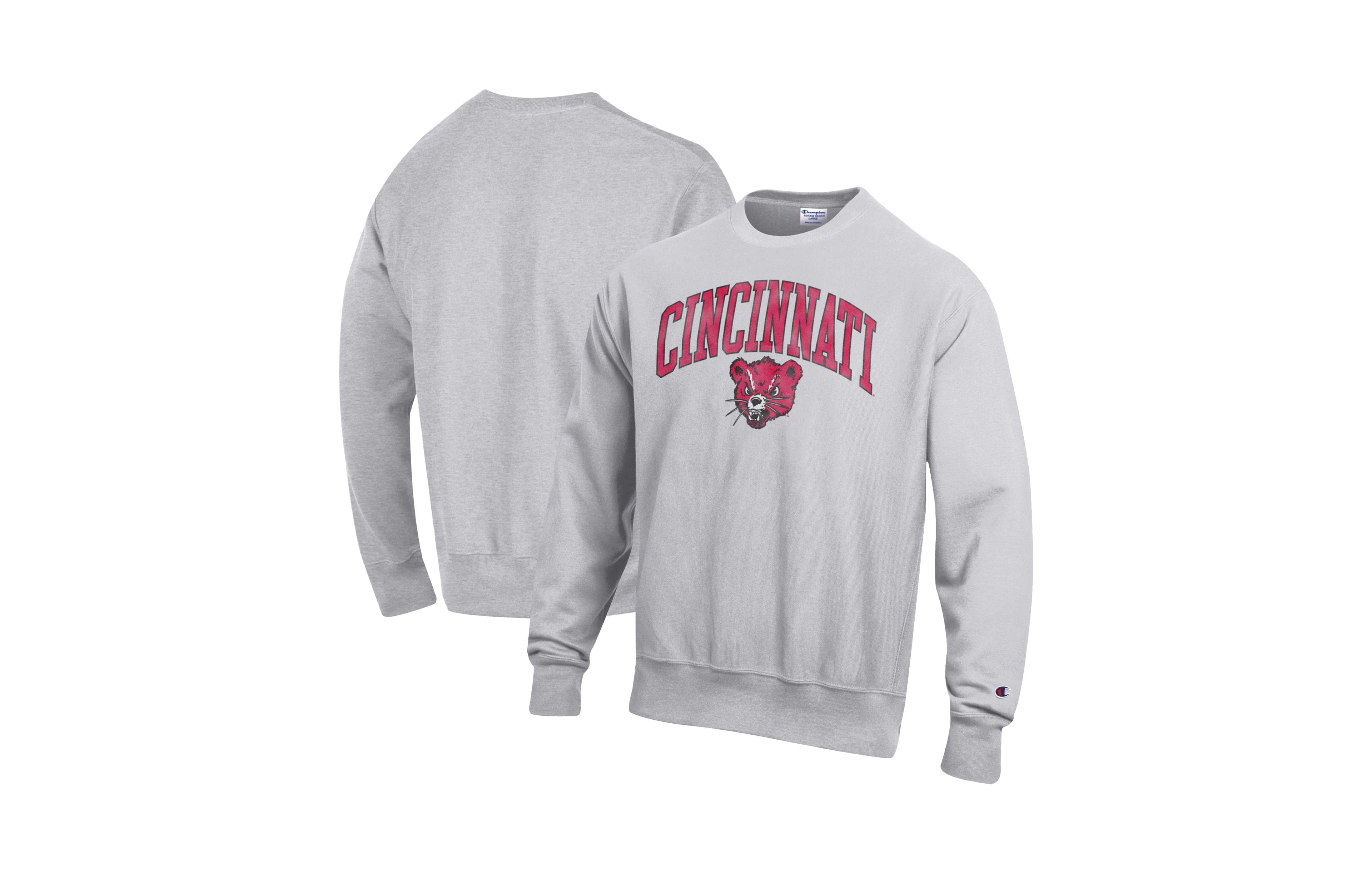 Champion Men's Gray Cincinnati Bearcats Distressed Arch Over Logo Reverse Weave Crew Neck Sweatshirt
