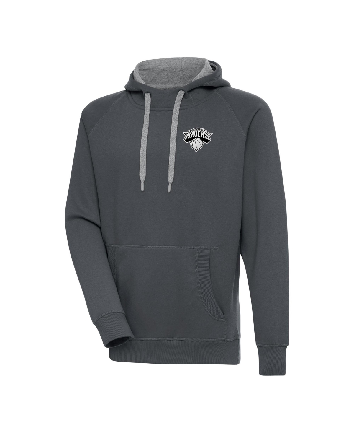 Men's Antigua Charcoal New York Knicks Metallic Logo Victory Raglan Pullover Hoodie - Charcoal