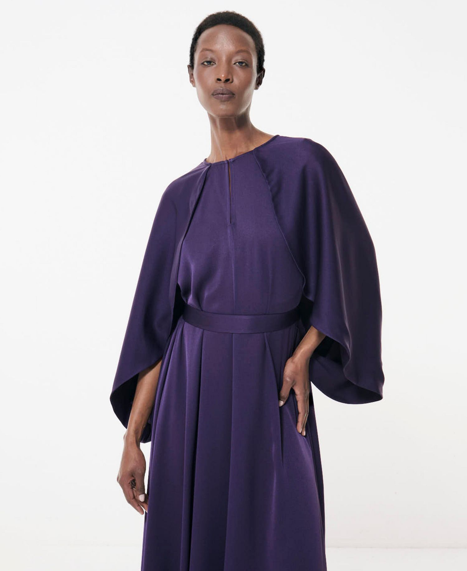 Women's Cape-Sleeve Belted A-Line Dress