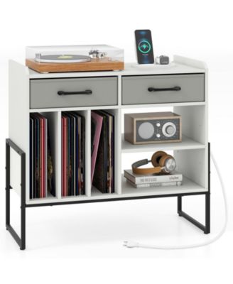 Large Record Player Stand with Charging Station Mid Century Modern Vinyl Storage Cabinet