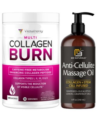 Ultimate Cellulite Support Bundle Anti Cellulite Massage Oil 8 Ounce Plus Vitauthority Multi Collagen Burn Powder 30 Servings  Skin Care Bundle