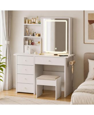 Makeup Vanity Desk with LED Lights Mirror, Vanity Table Set White