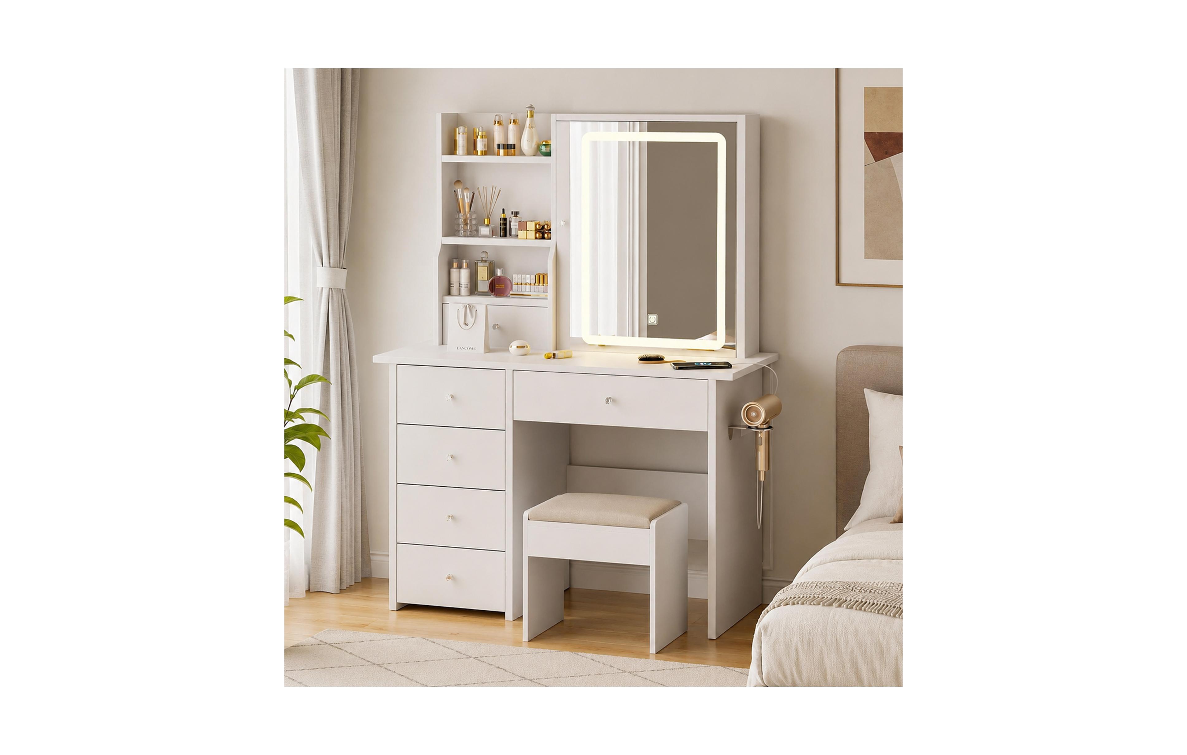 Dyhome Makeup Vanity Desk with Led Lights Mirror, Vanity Table Set White