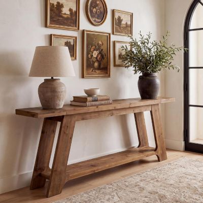 78.7" Solid Wood Console Table with 2-Tier Shelves, Brown