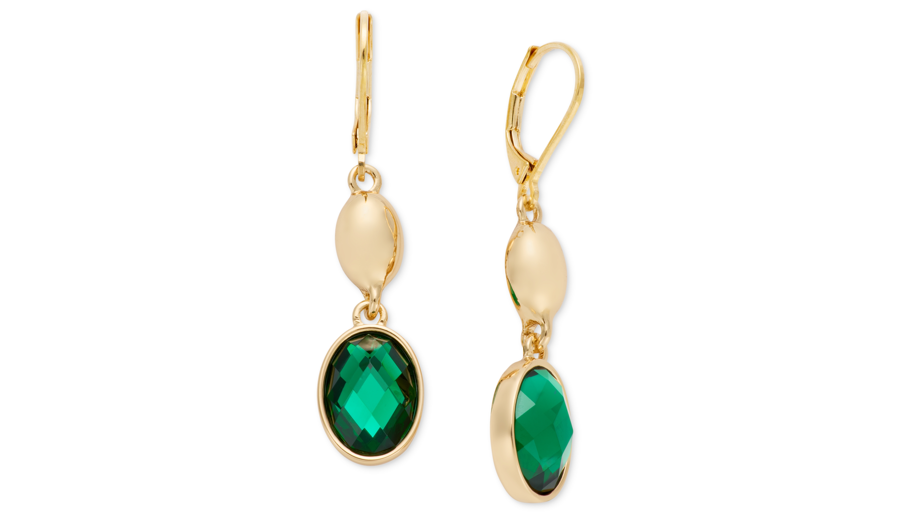 Anne Klein Gold-Tone Imitation Crystal and Emerald Domed Double Drop Earrings