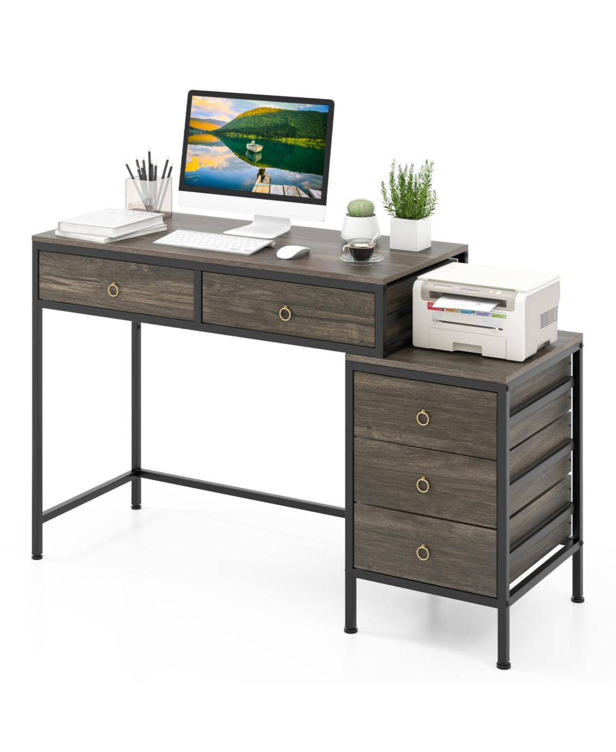 Mecale Computer Desk with 5 Drawers Home Office Desk with Side File Cabinet, Gray - Gray