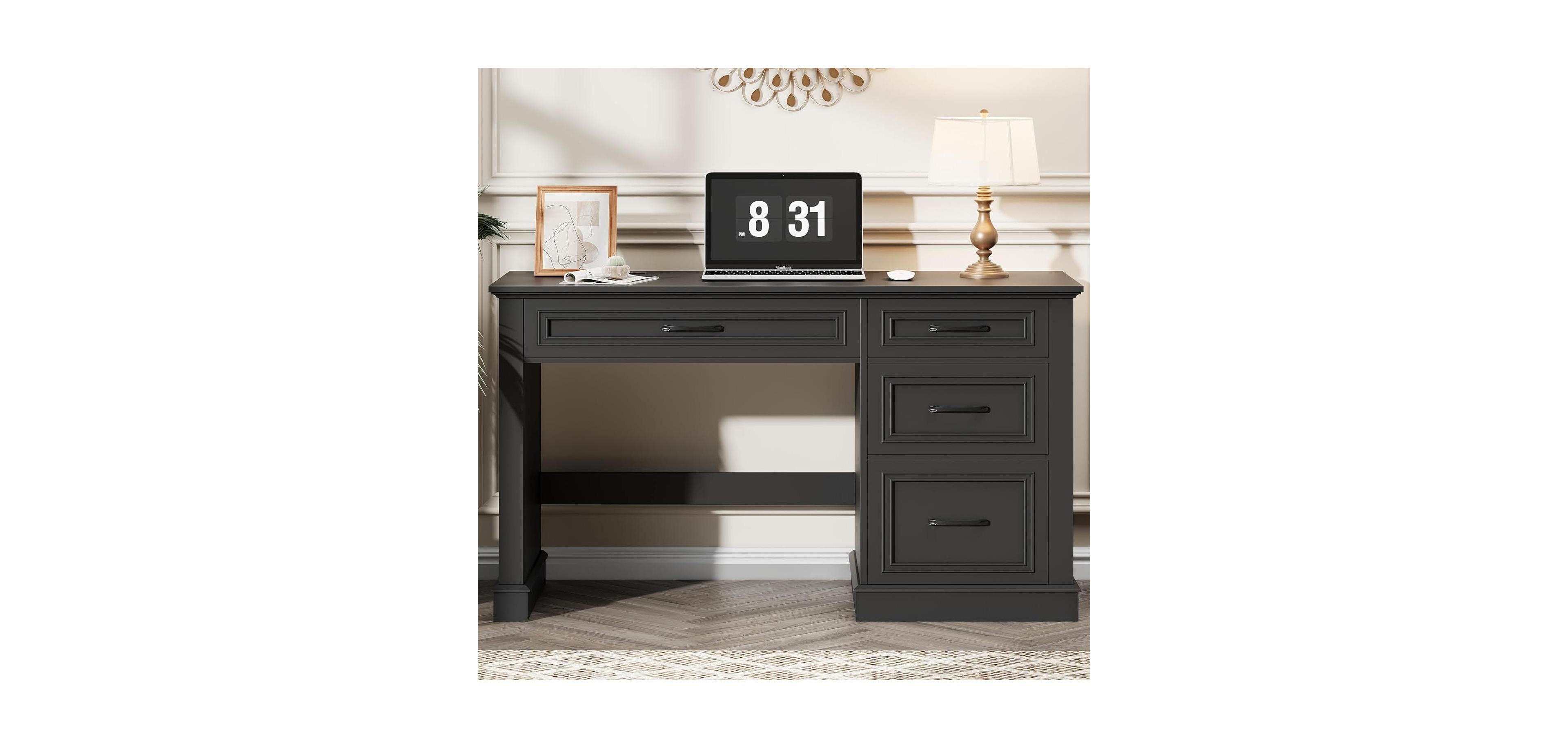 Vabches Farmhouse Executive Desk with Drawers and Charging Station for Home Office