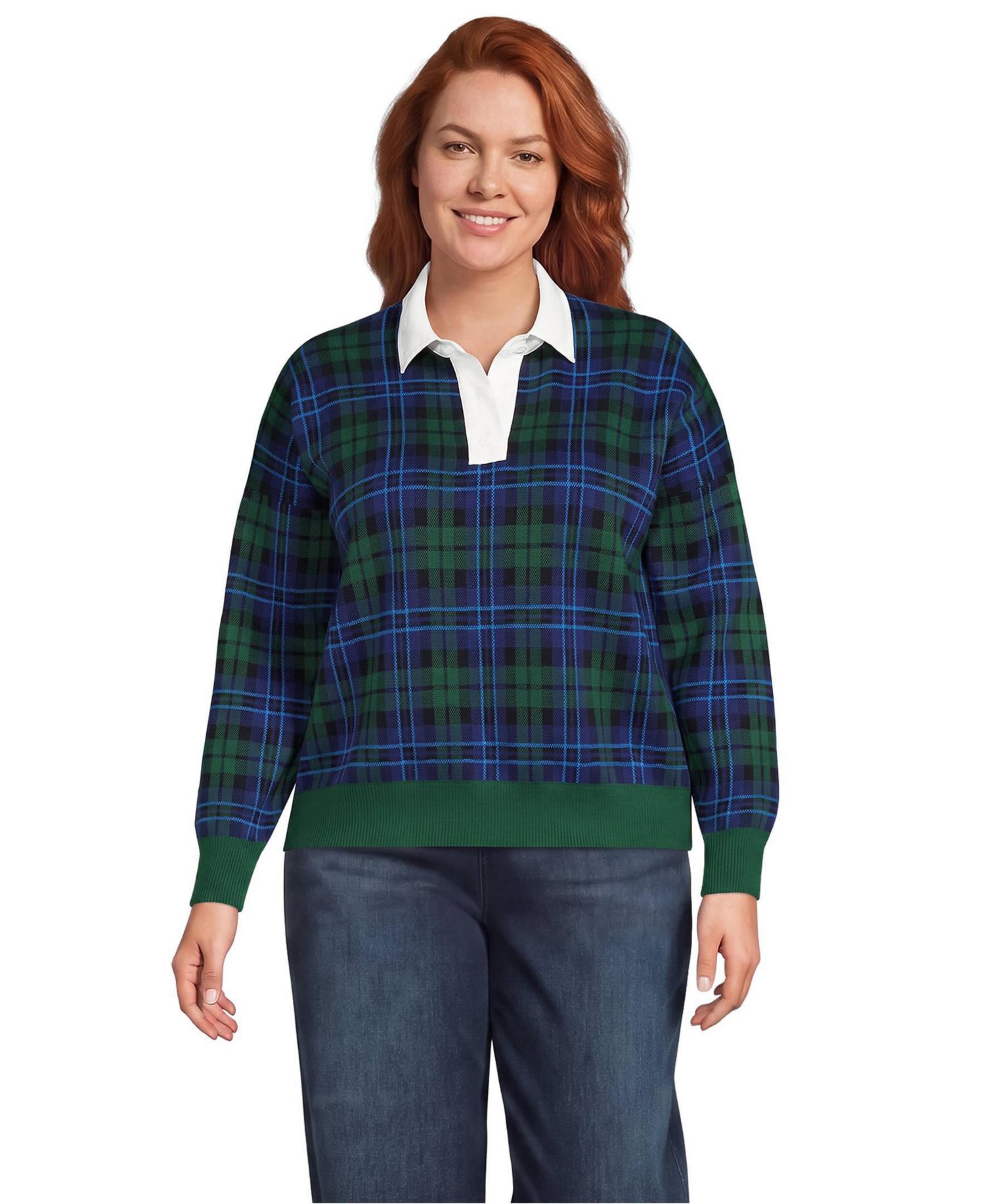 Plus Size Drifter Collared Shaker-Knit Plaid Sweater