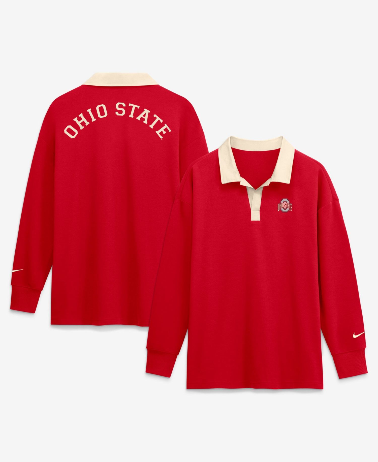 Women's Scarlet Ohio State Buckeyes Oversized Essential Dri-FIT Long Sleeve V-Neck Polo