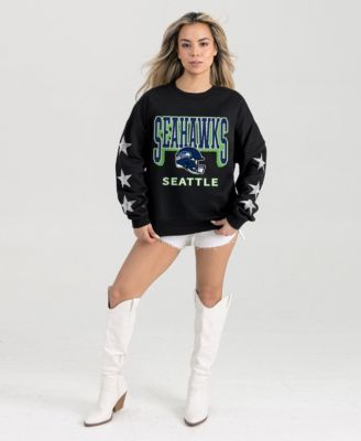 Women's Black Seattle Seahawks Pure Victory Rhinestud Star-Sleeve Pullover Sweatshirt