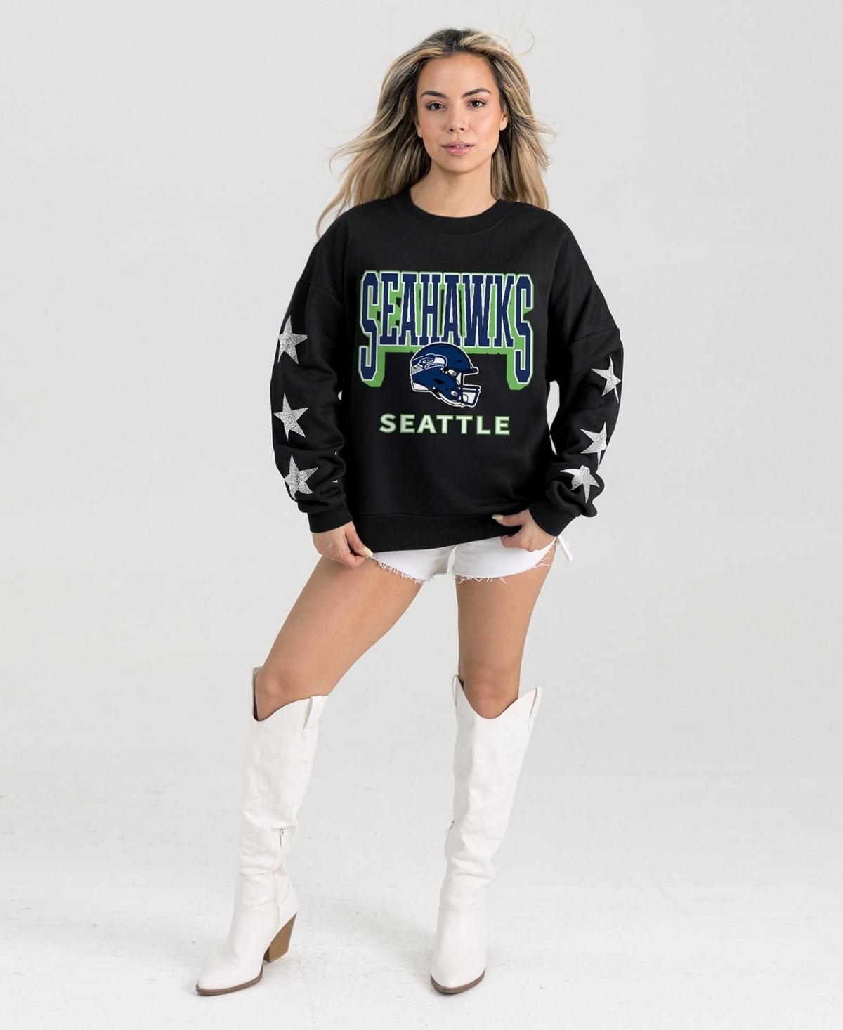 Gameday Couture Women's Seattle Seahawks Pure Victory Rhinestud-Star-Sleeve Pullover Sweatshirt - Black