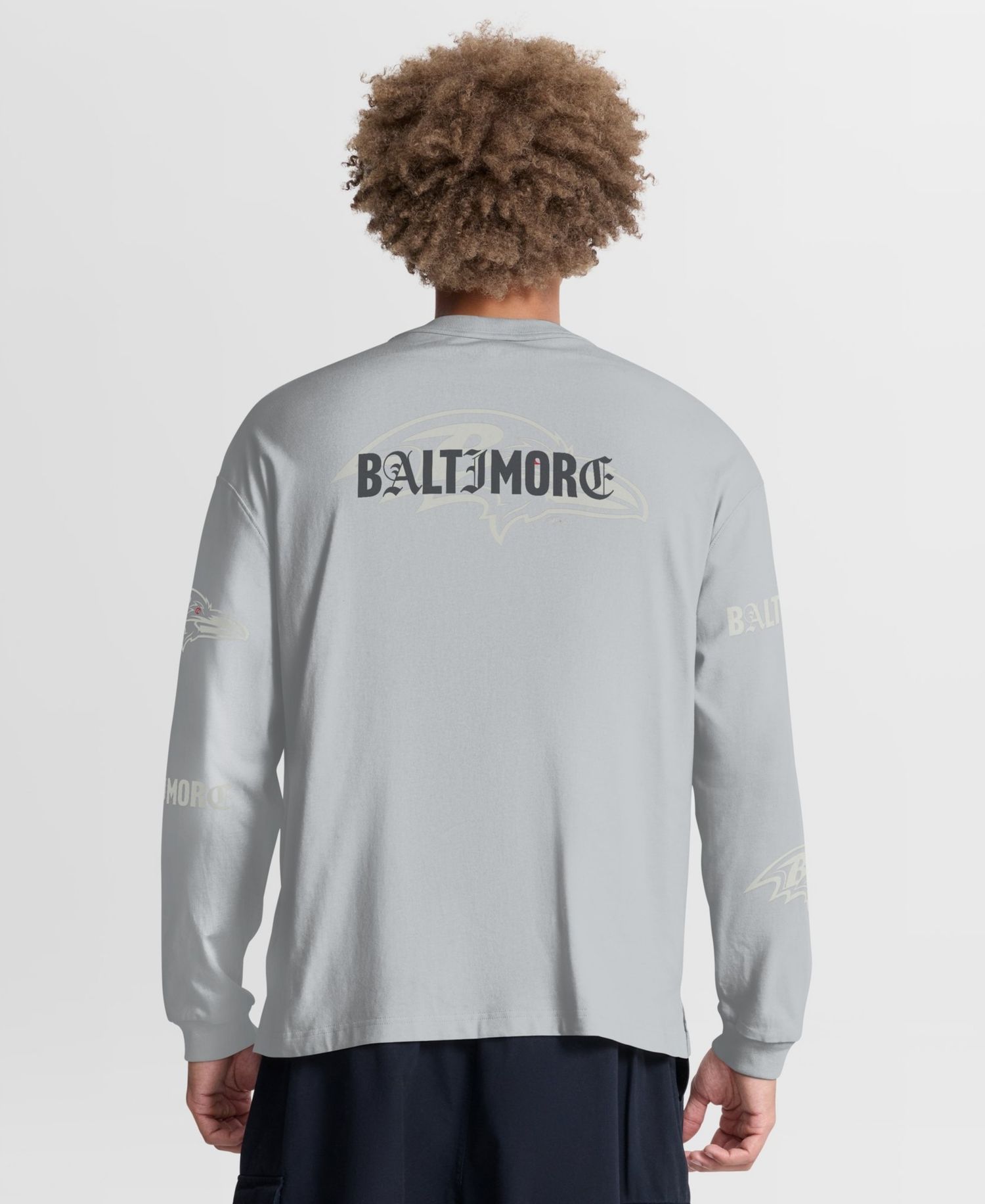 Men's Gray Baltimore Ravens Oversized Type Play Long Sleeve T-Shirt