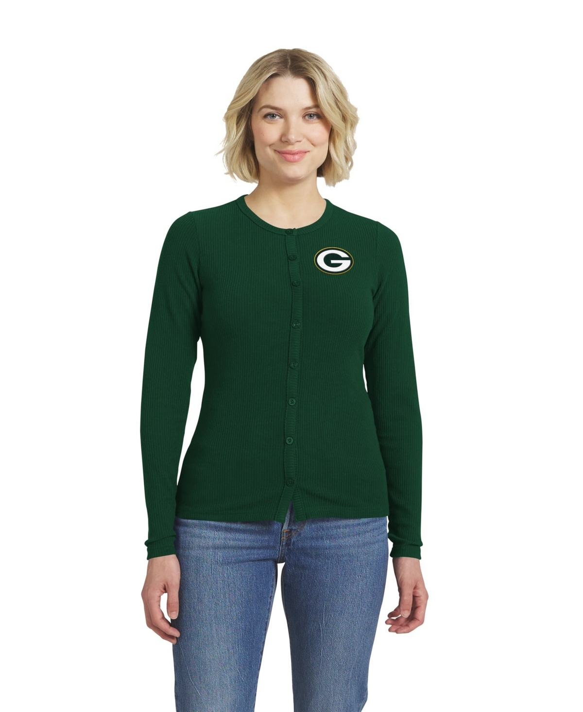 Wear by Erin Andrews Women's Green Bay Packers Ribbed Crewneck Cardigan Sweater