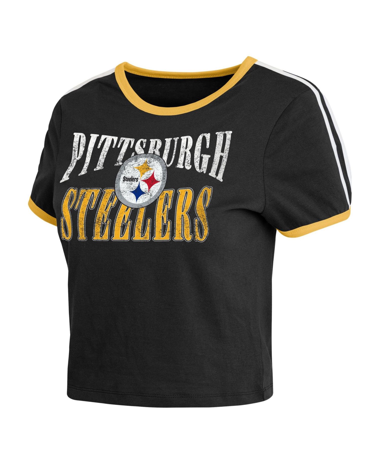 Women's Black Pittsburgh Steelers Cropped Throwback Ringer Baby T-Shirt