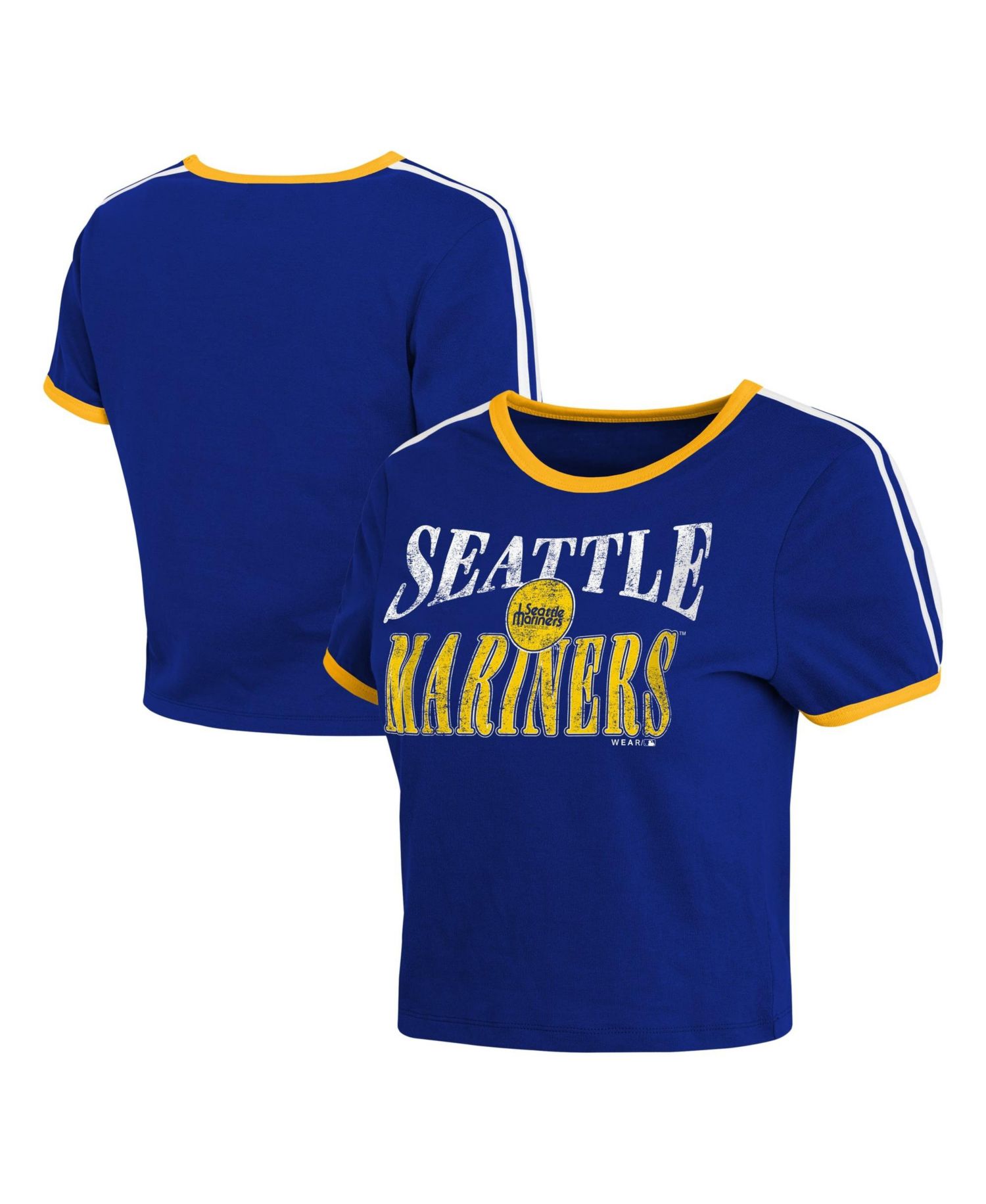 Women's Navy Seattle Mariners Cropped Throwback Ringer Baby T-Shirt