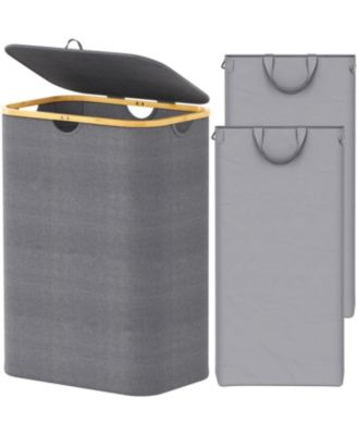 Laundry Hamper 2 Section with 2 Removable Bags, 160L Collapsible Basket with Lid and Bamboo Handles