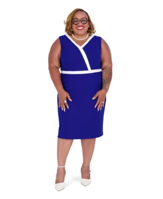 Women's Scuba Crepe V-Neck Sheath Dress with Colorblocked Trim