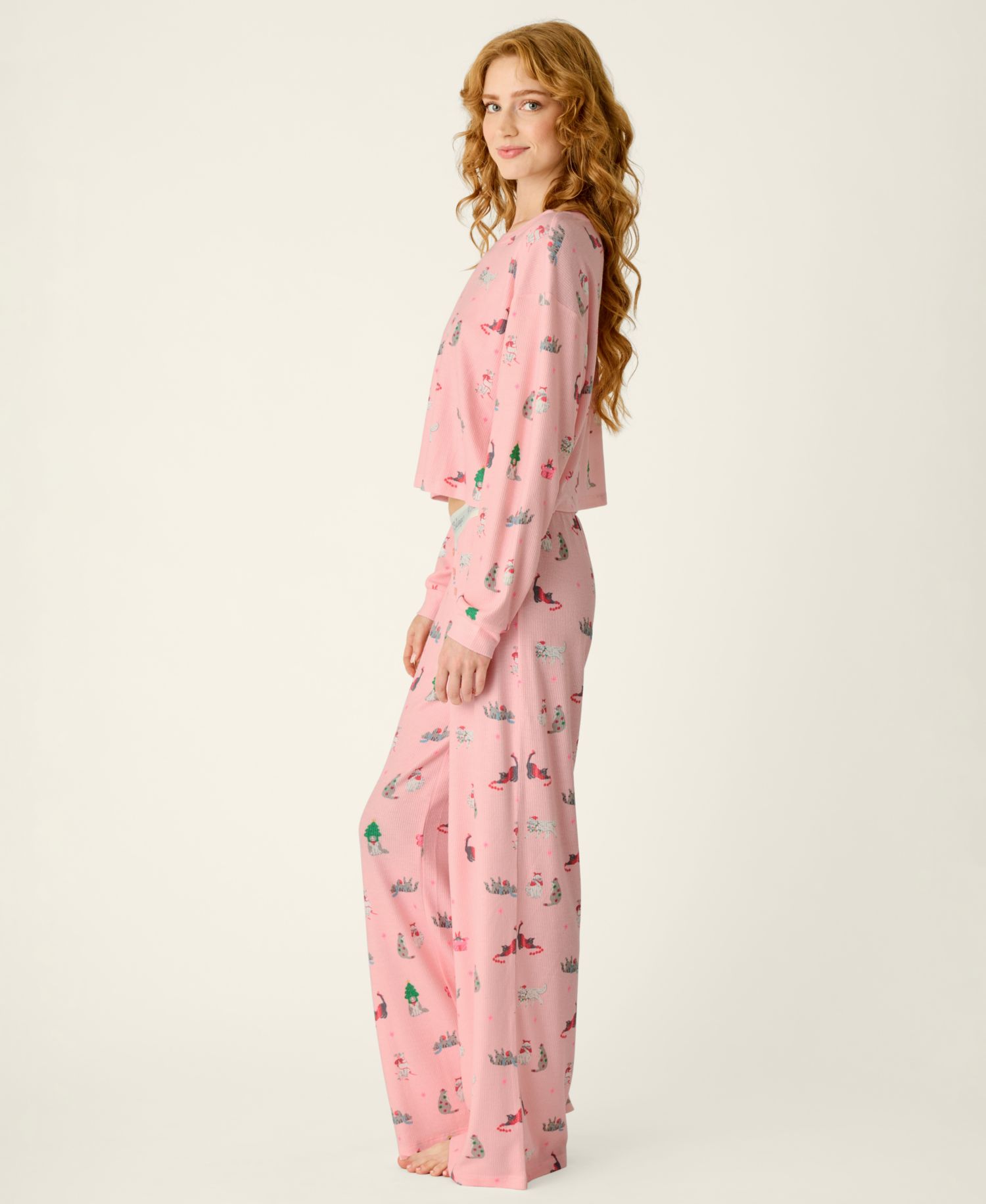 Women's Waffle-Knit Boyfriend Boxer Long-Sleeve Top and Pants, 2-Piece Set