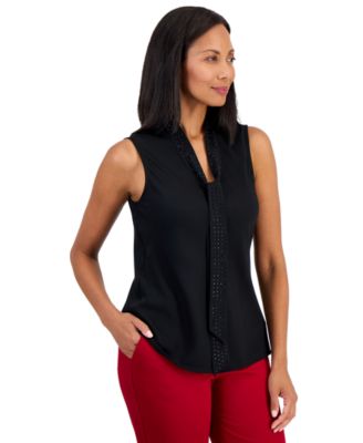 Women's Sleeveless Georgette Tie Neck Embellished Blouse